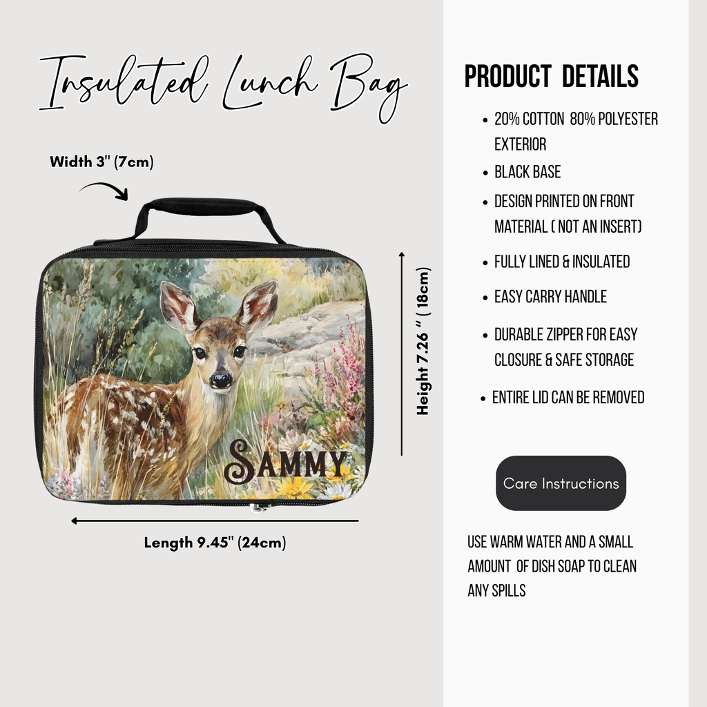 Insulated lunch bag with a deer design and product details on a white background