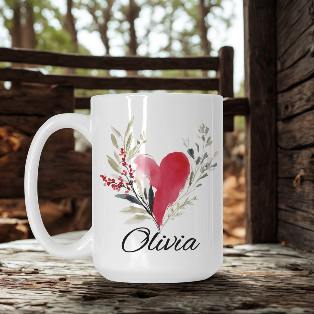 White mug with a red heart design and 'Olivia' text on a wooden surface with a blurred natural background