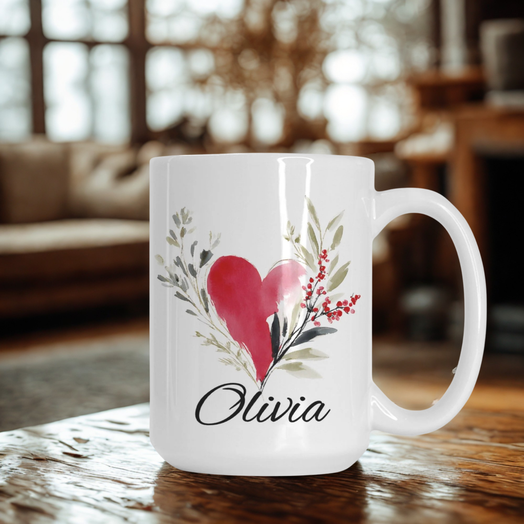 White mug with a red heart and floral design, featuring the name 'Olivia', on a wooden surface with a blurred background.