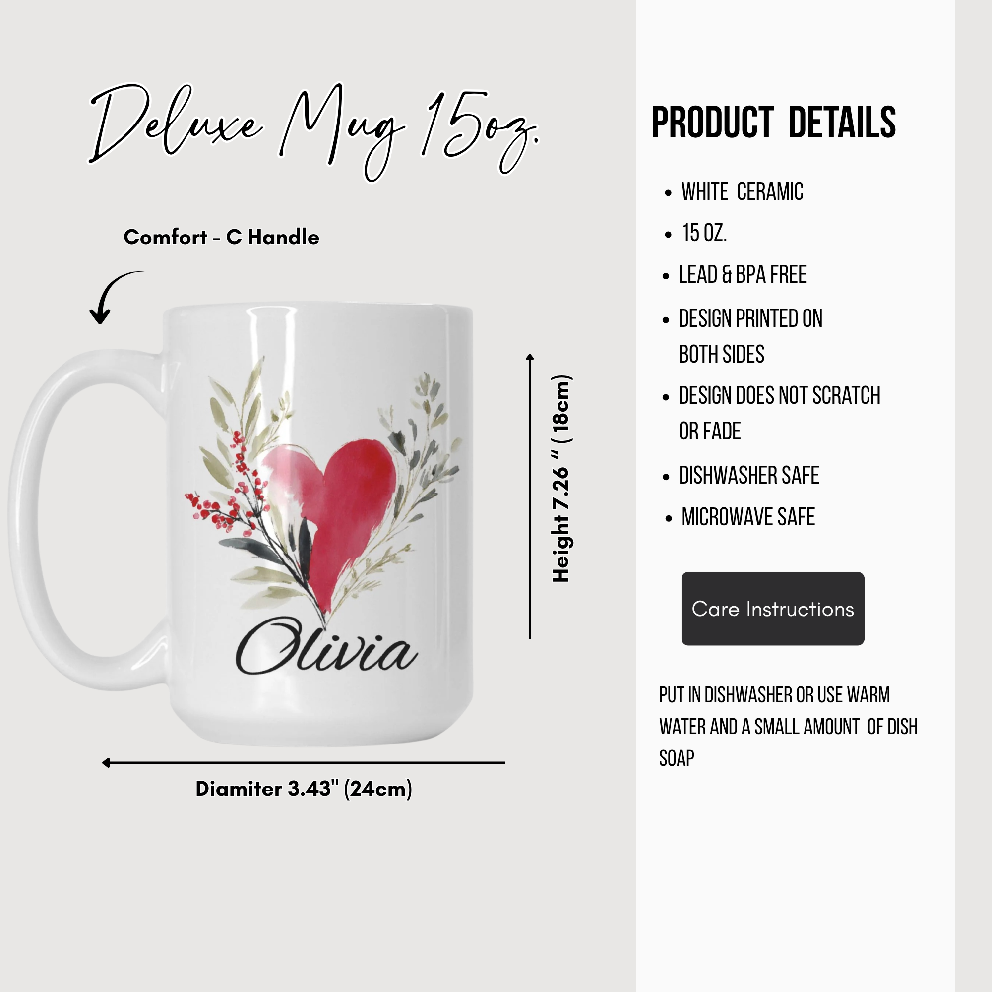 White ceramic mug with floral design and 'Olivia' text, featuring product details on a white background.