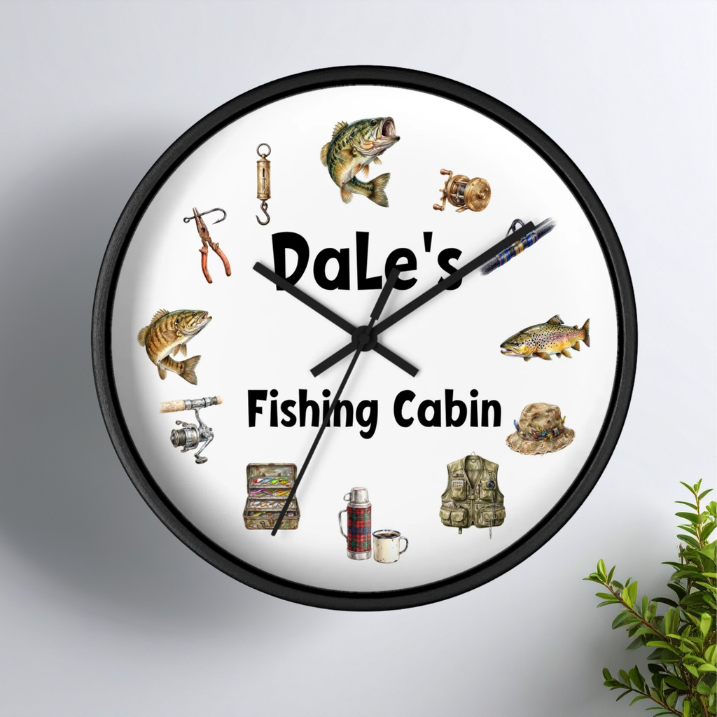 Fishing Cabin Wall Clock — Personalized 'Dale's Fishing Cabin' Rustic Cabin Decor Gift