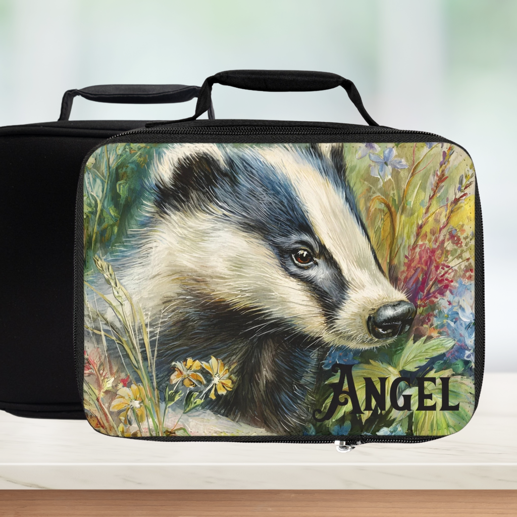  insulated lunch bag with badger design and personalized name 'Angel' text on a  blurred green background.