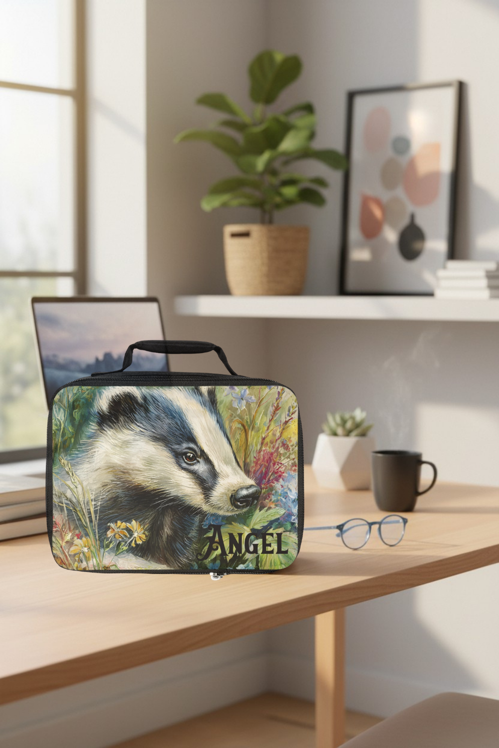 Lunch bag with a personalized badger design on a wooden table in a bright room