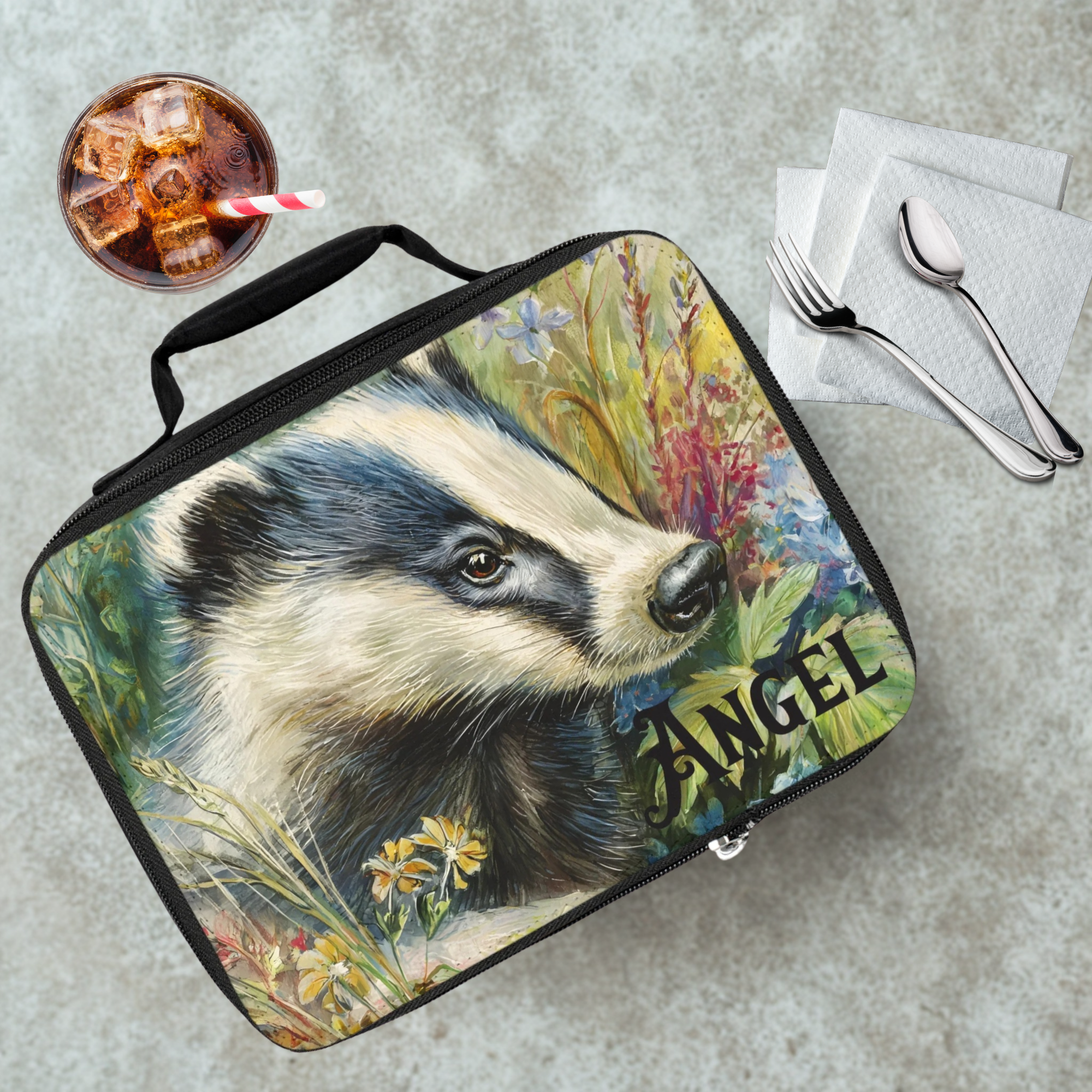 Lunch bag with badger design and personalized 'Angel' name text on a cafeteria table with a drink and utensils.