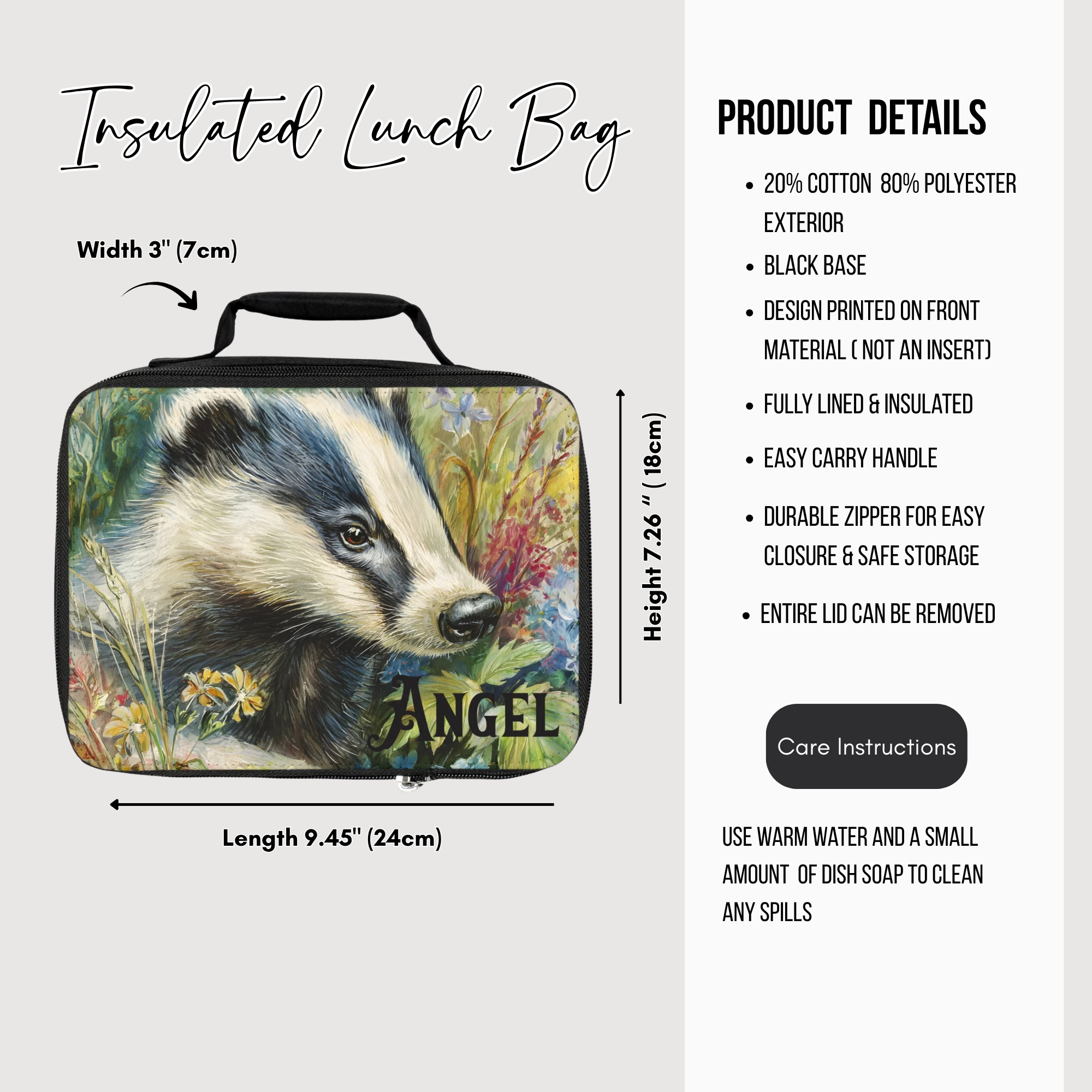 Insulated lunch bag with badger design and product details on a white background