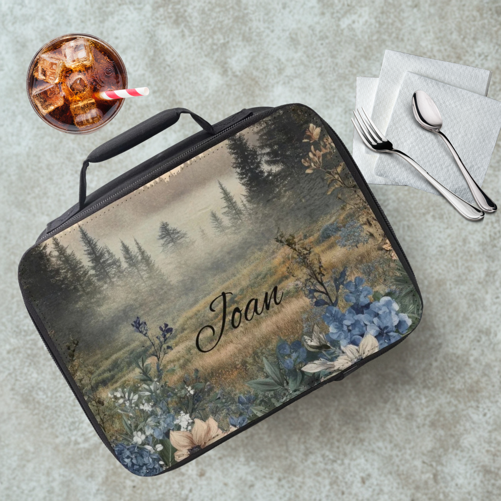 Lunch bag with nature design and 'Joan' text on a cafeteria table with a drink and utensils.