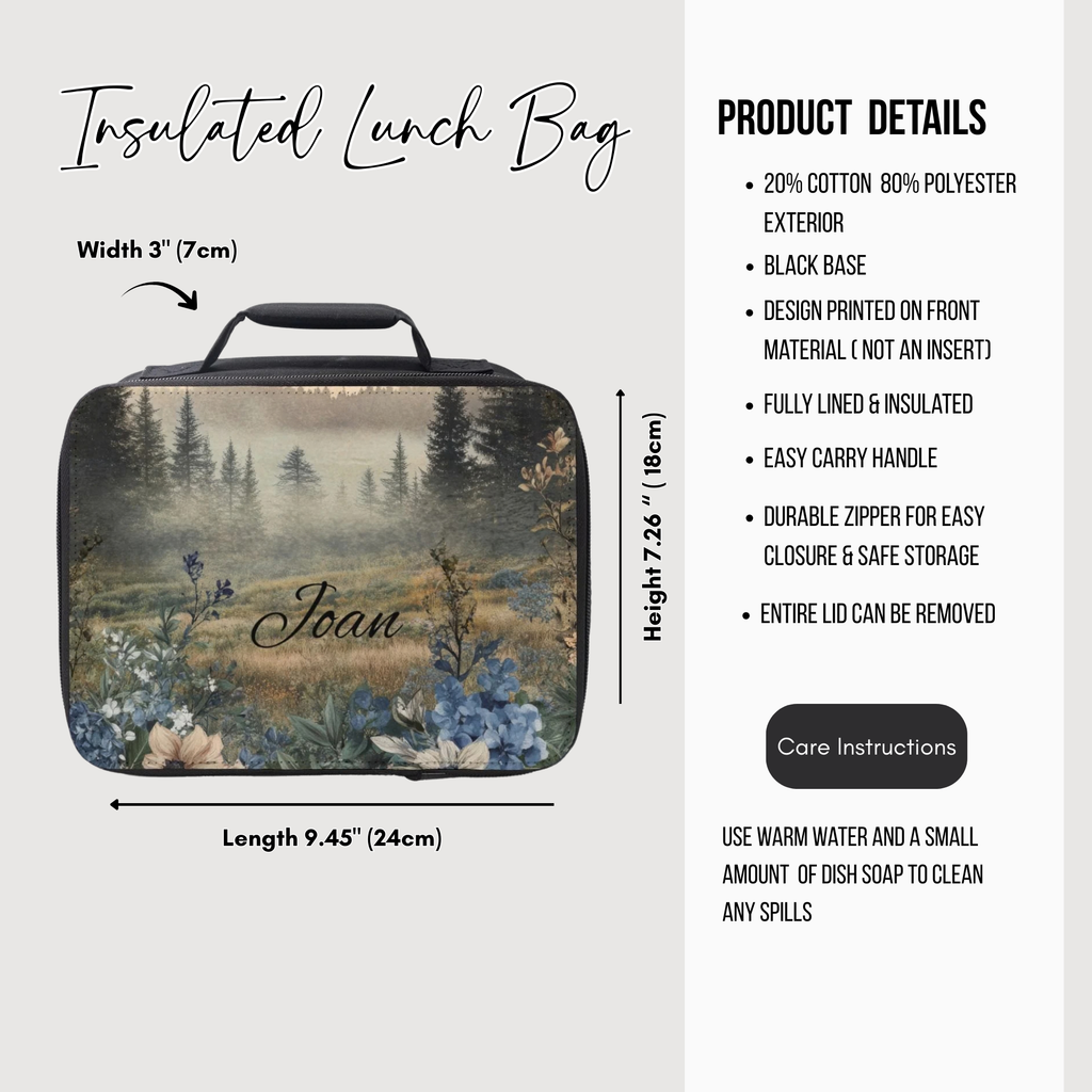 Insulated lunch bag with scenic design and product details on a white background