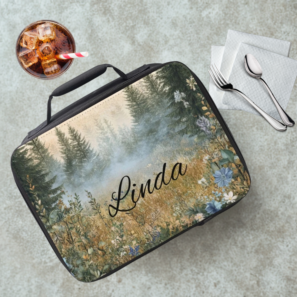 Lunch bag with nature design and 'Linda' text on a cafeteria table with a drink and utensils.