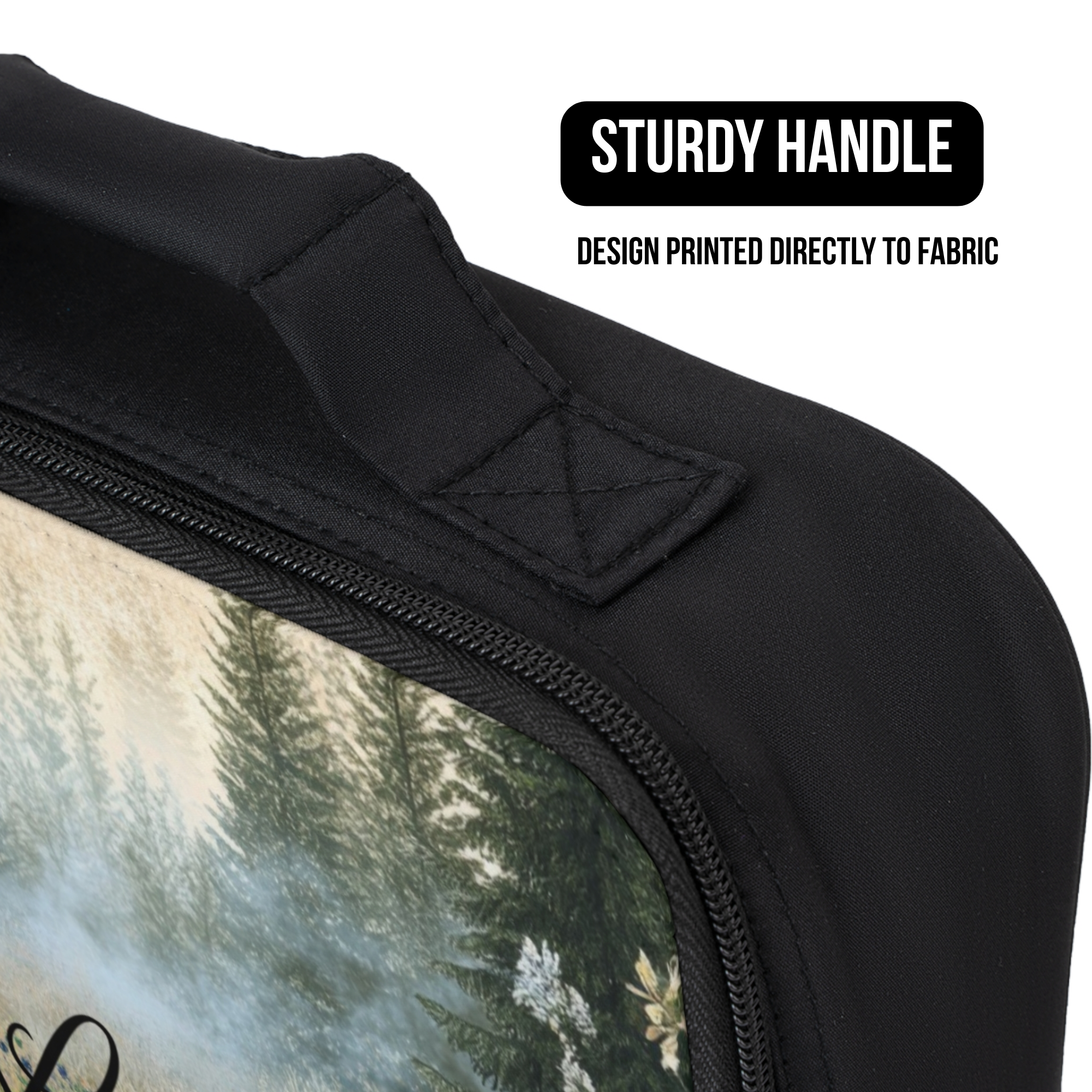 Black lunch bag with a design printed directly to fabric and a sturdy handle.