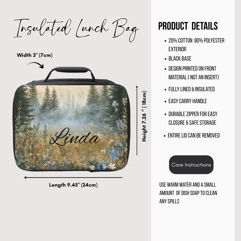 Insulated lunch bag with nature design and 'Linda' custom text, featuring product details on a white background.