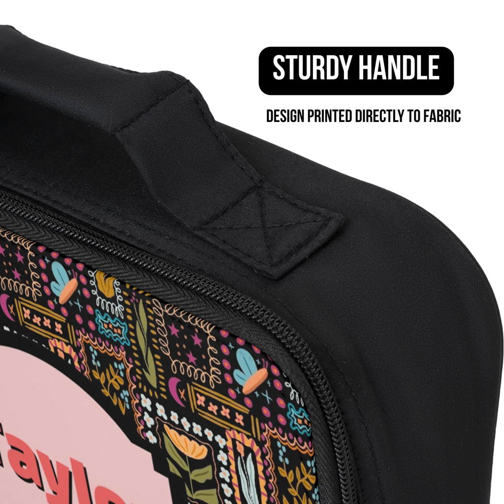 Black bag with colorful design and 'Sturdy Handle' text on a white background