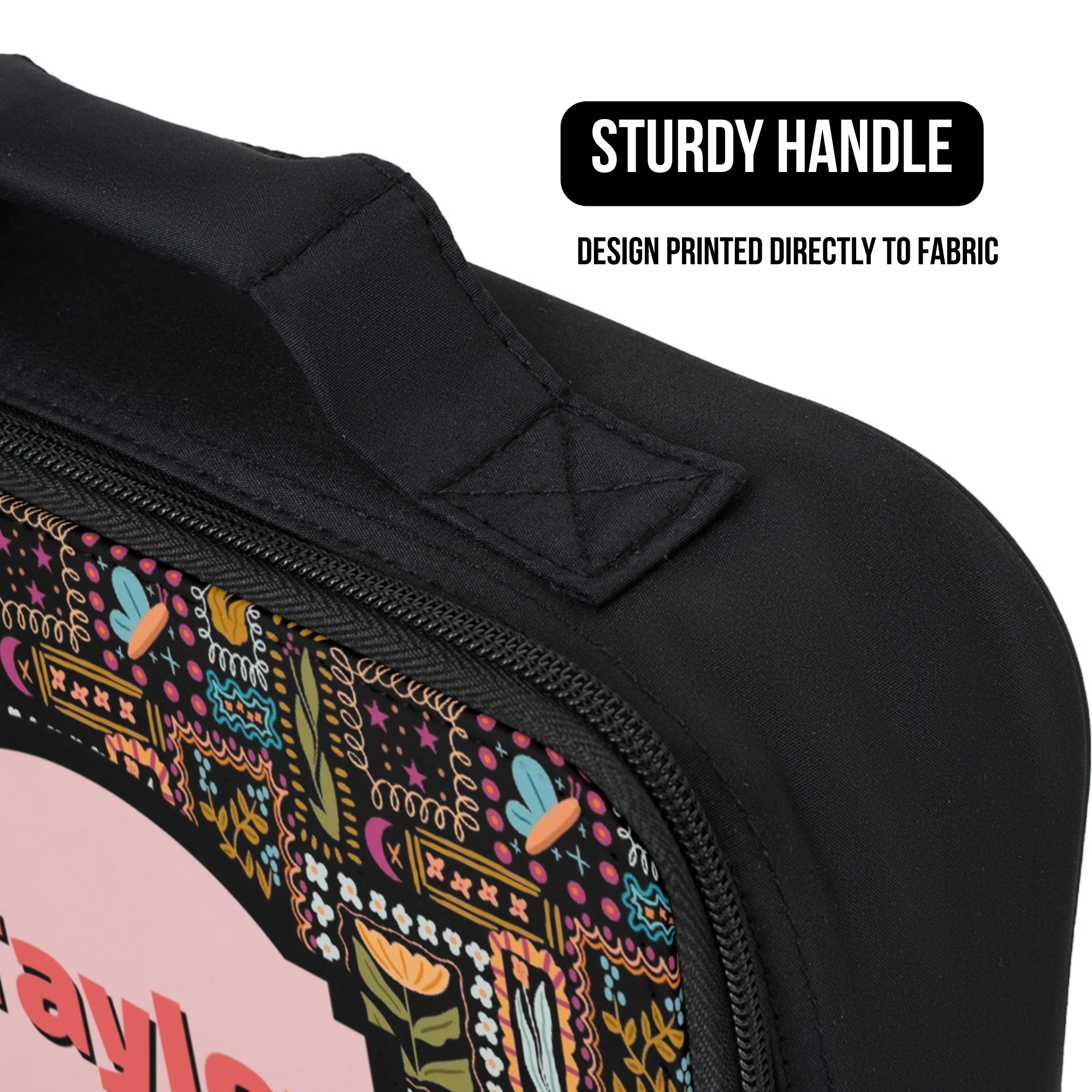 Black bag with colorful design and 'Sturdy Handle' text on a white background
