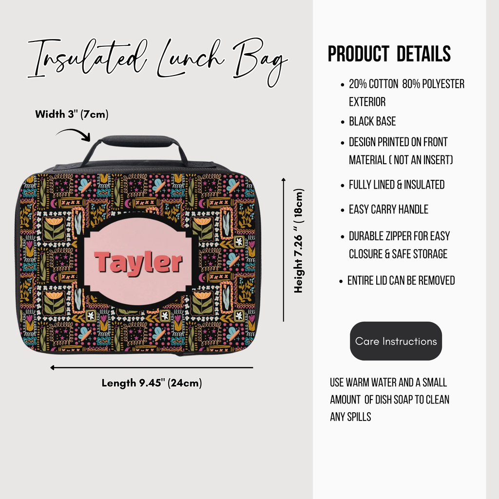 Insulated lunch bag with colorful design and custom name, featuring product details on a white background.