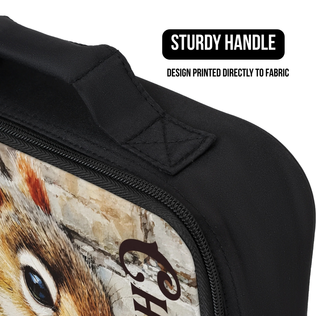 Black bag with a squirrel design and custom name, featuring a sturdy handle.