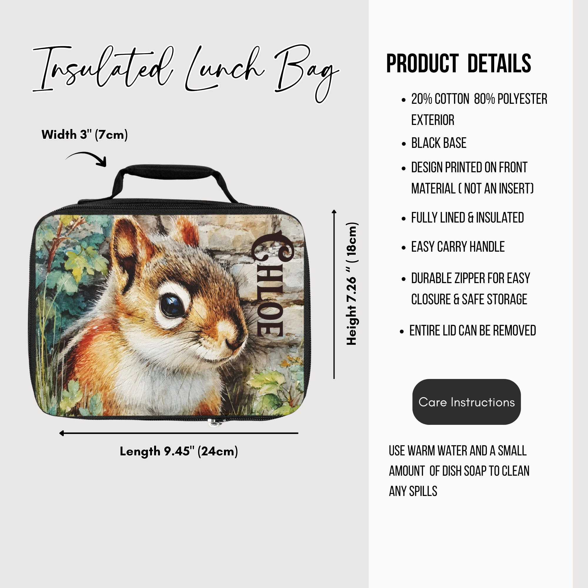 Insulated lunch bag with a chipmunk design and product details on a white background