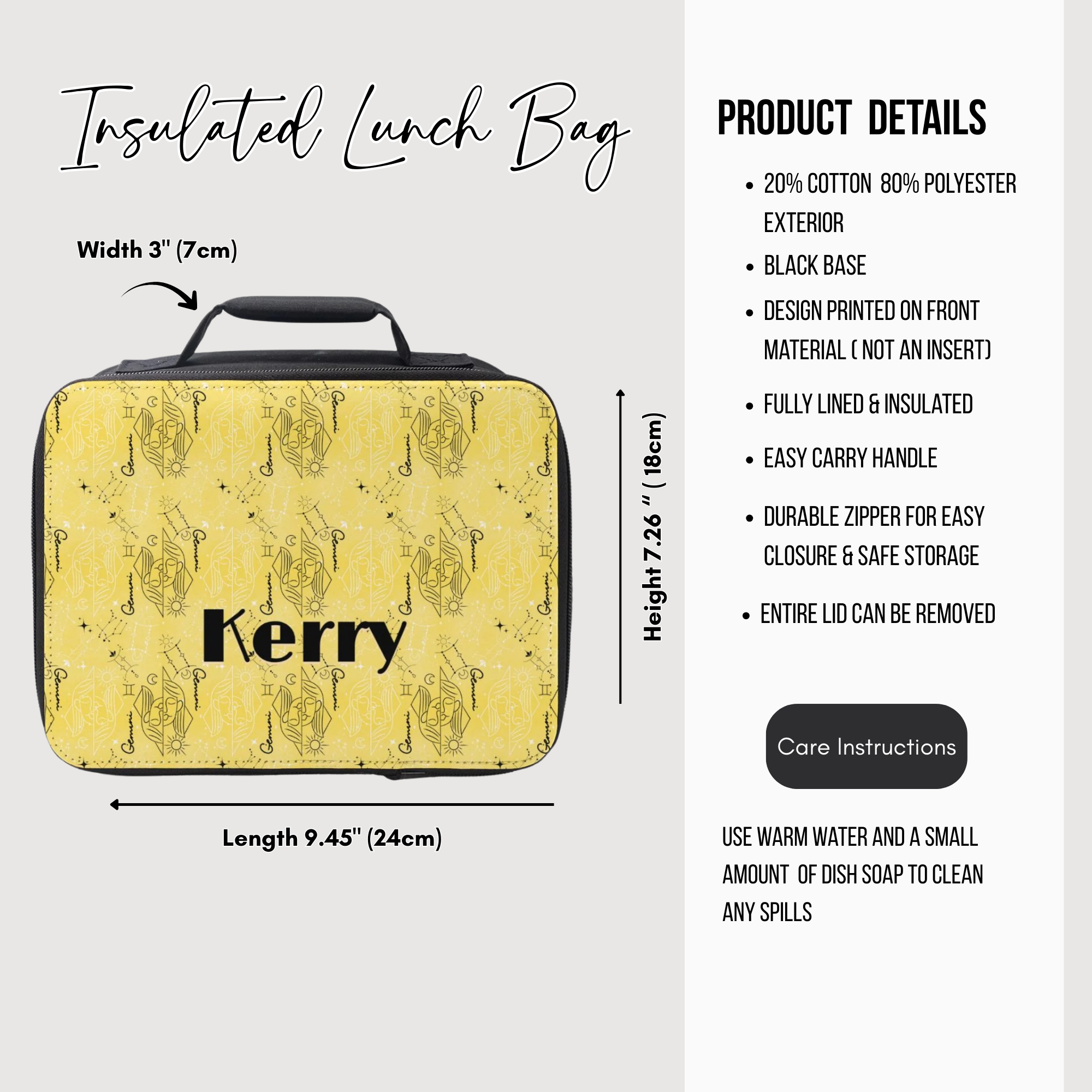 Insulated lunch bag with yellow design and black text, featuring dimensions and product details.