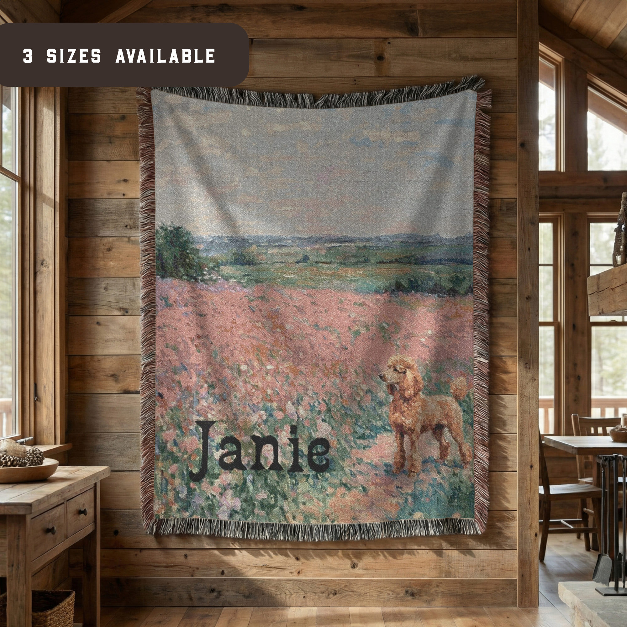 Hanging tapestry woven blanket with a golden poodle in a wildflower field with a personalized name. 