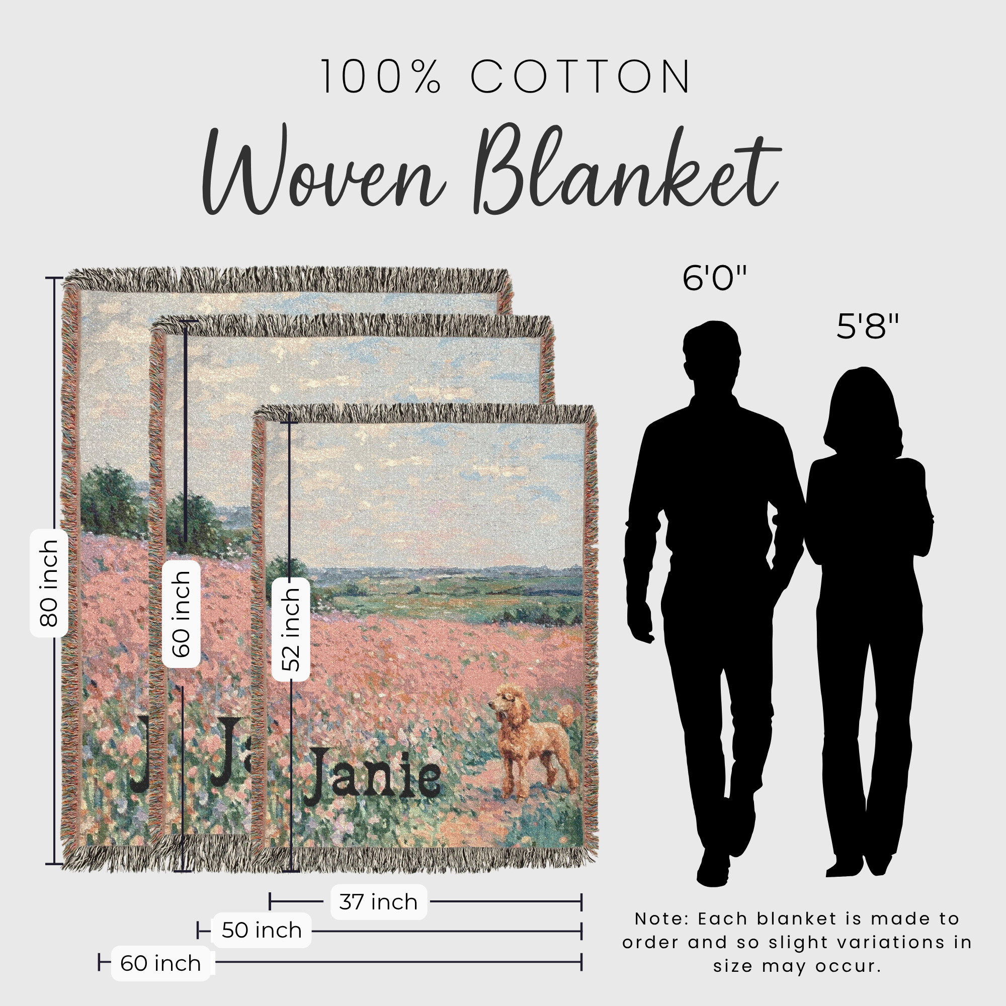 Size comparison chart with 3 sizes of a woven blanket with a golden poodle in wildflowers design.