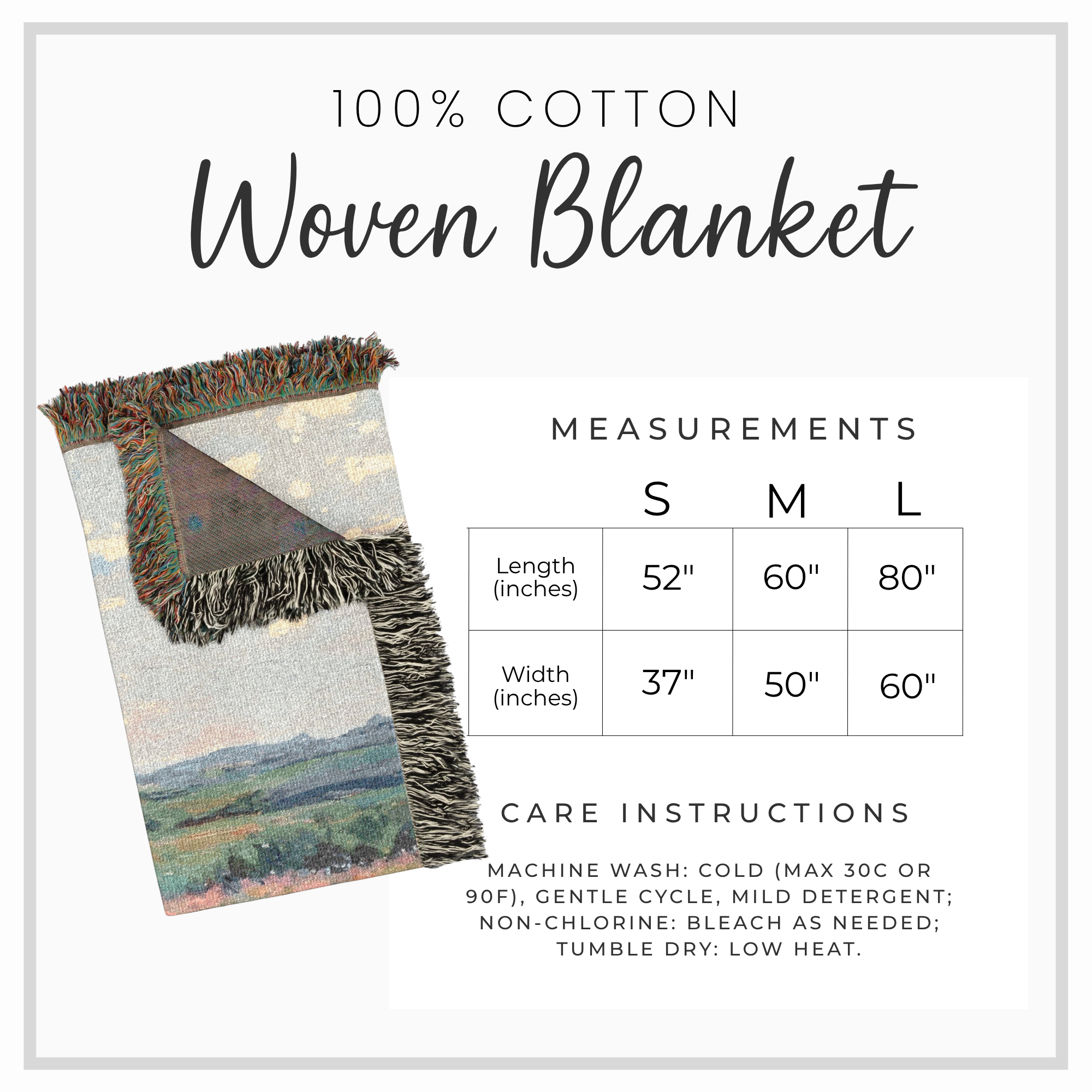 Woven blanket size chart.