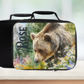 Black lunch bag with a bear design and the name 'Rose' on a white background