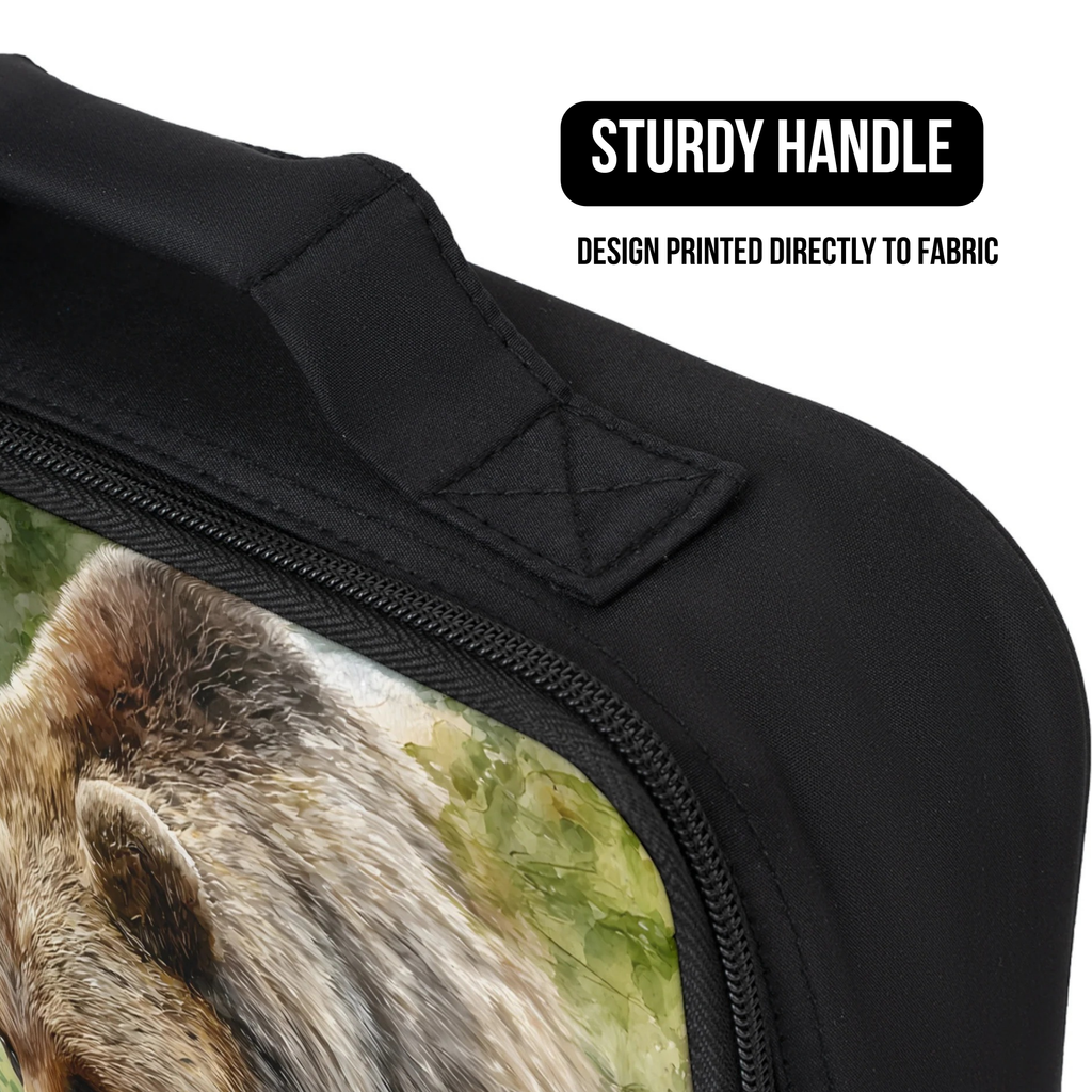 Black lunch bag with a design of a grizzly bear on fabric, featuring a sturdy handle.