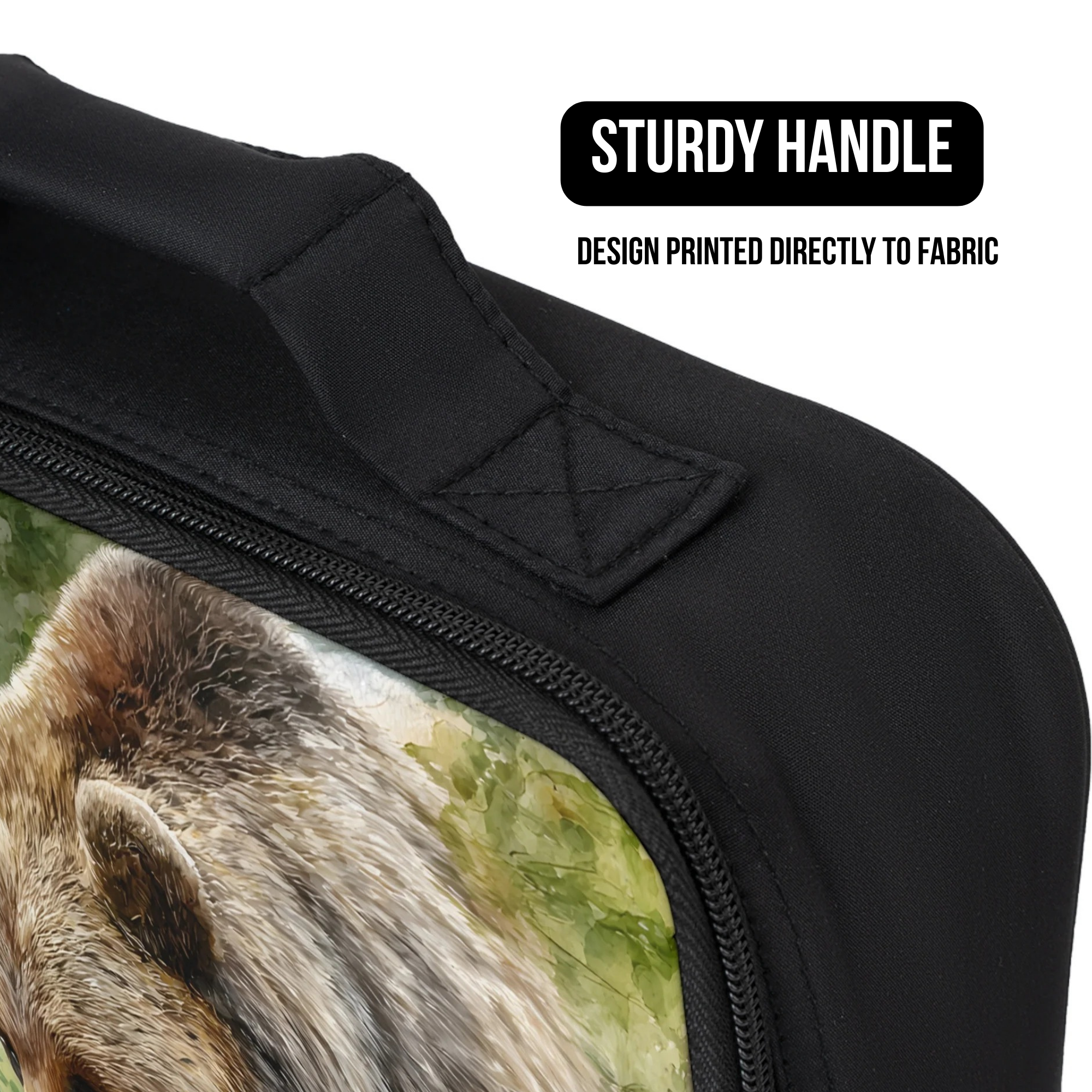Black lunch bag with a design of a grizzly bear on fabric, featuring a sturdy handle.