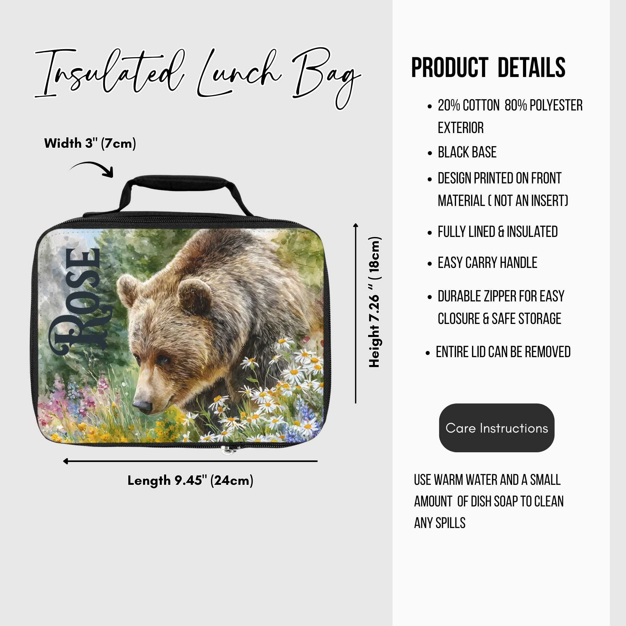 Insulated lunch bag with bear design and product details on a white background