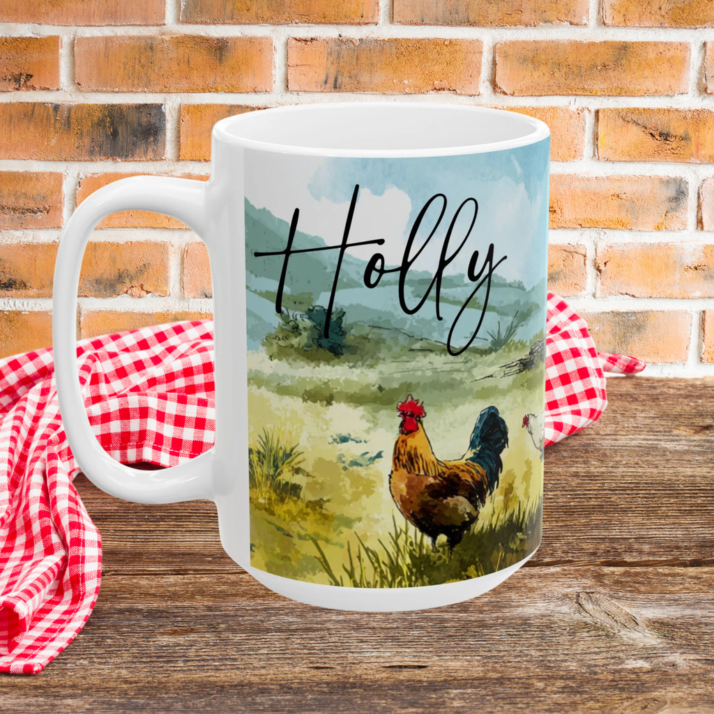 Mug with a chicken design and 'Holly' text on a wooden picnic table against a brick wall background