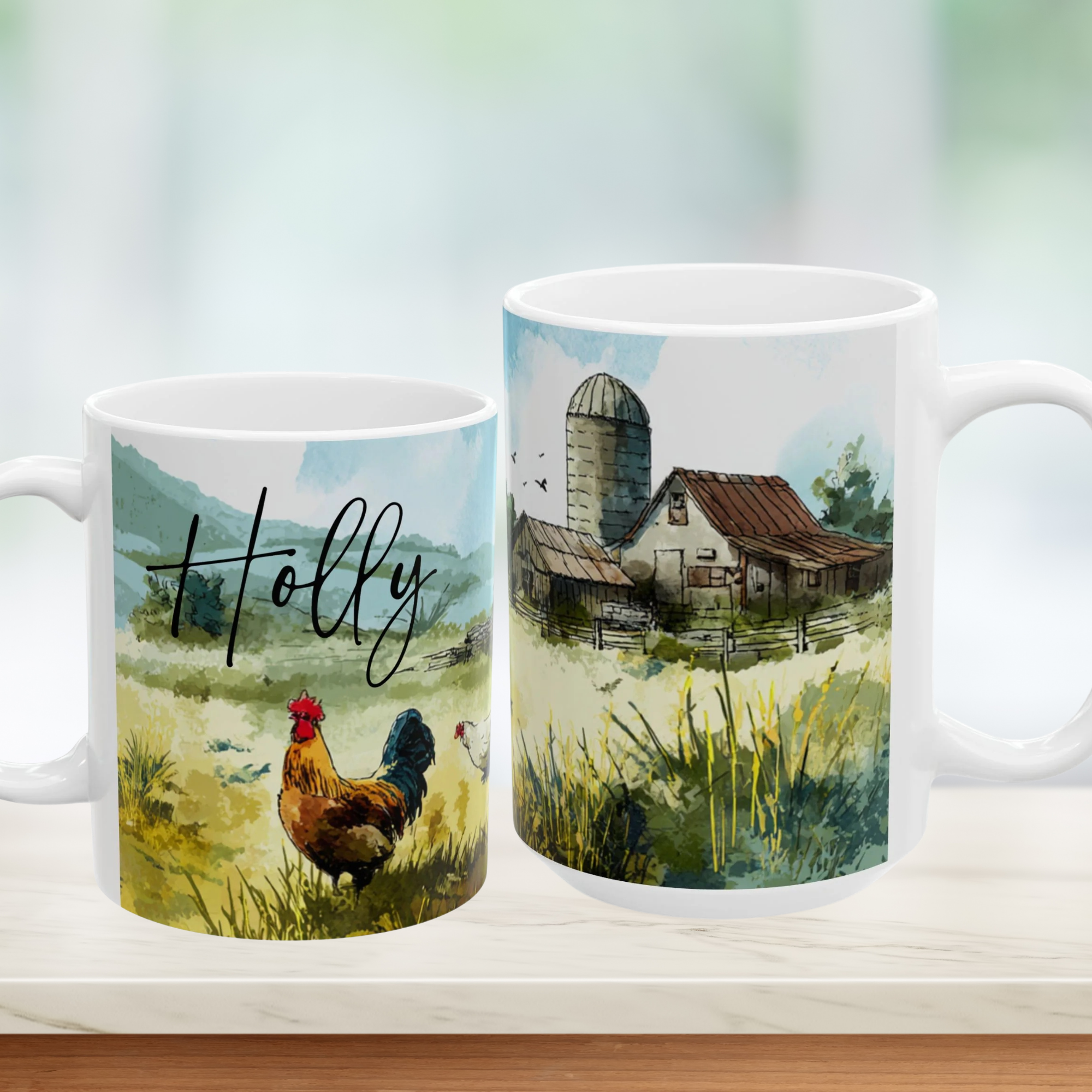 Two mugs with farm-themed designs on a white surface.