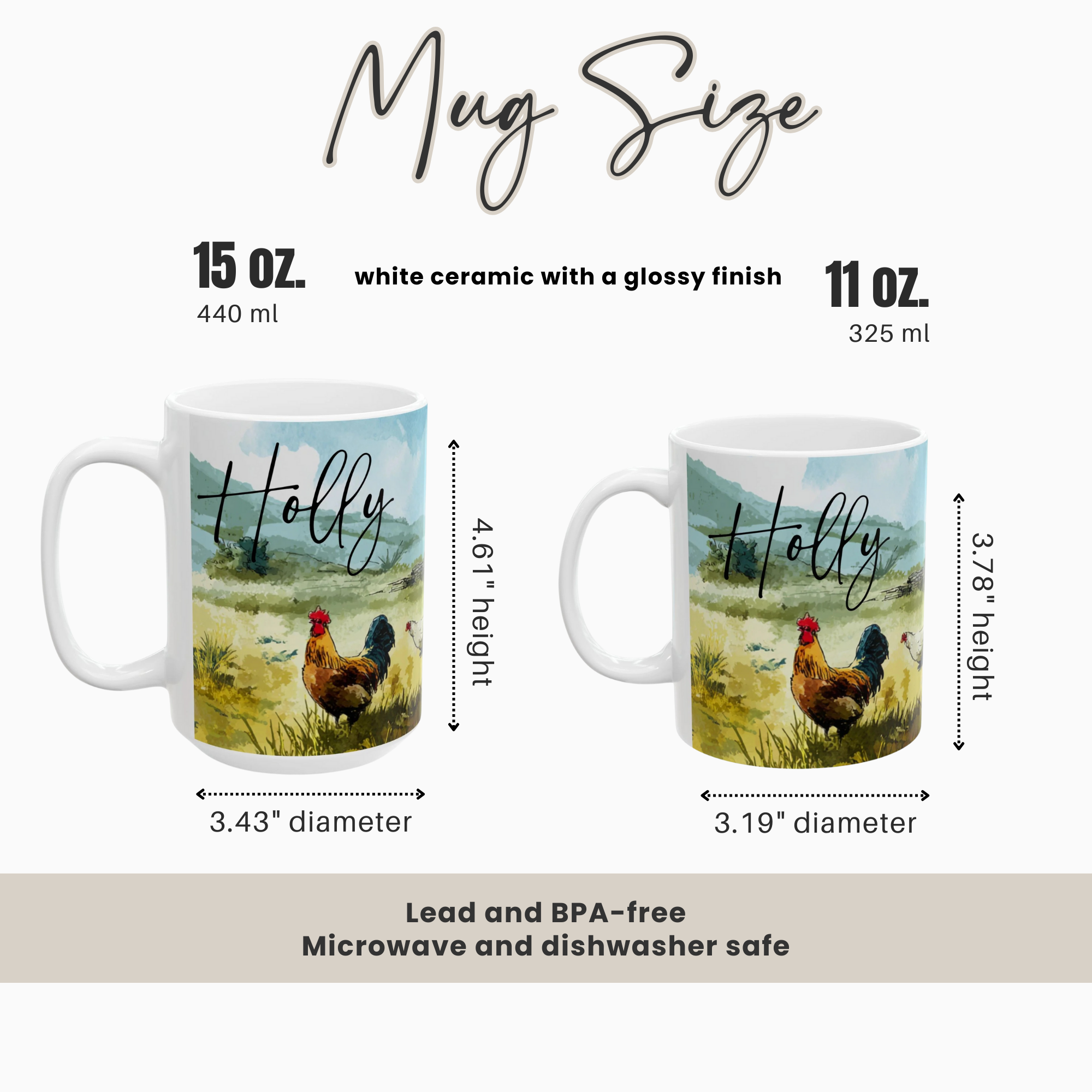 Two mugs with chicken design and size comparison on a white background