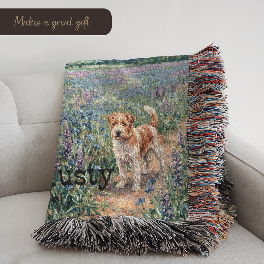 Personalized Jack Russell Terrier In Wildflowers Woven Blanket | Dog Tapestry Throw
