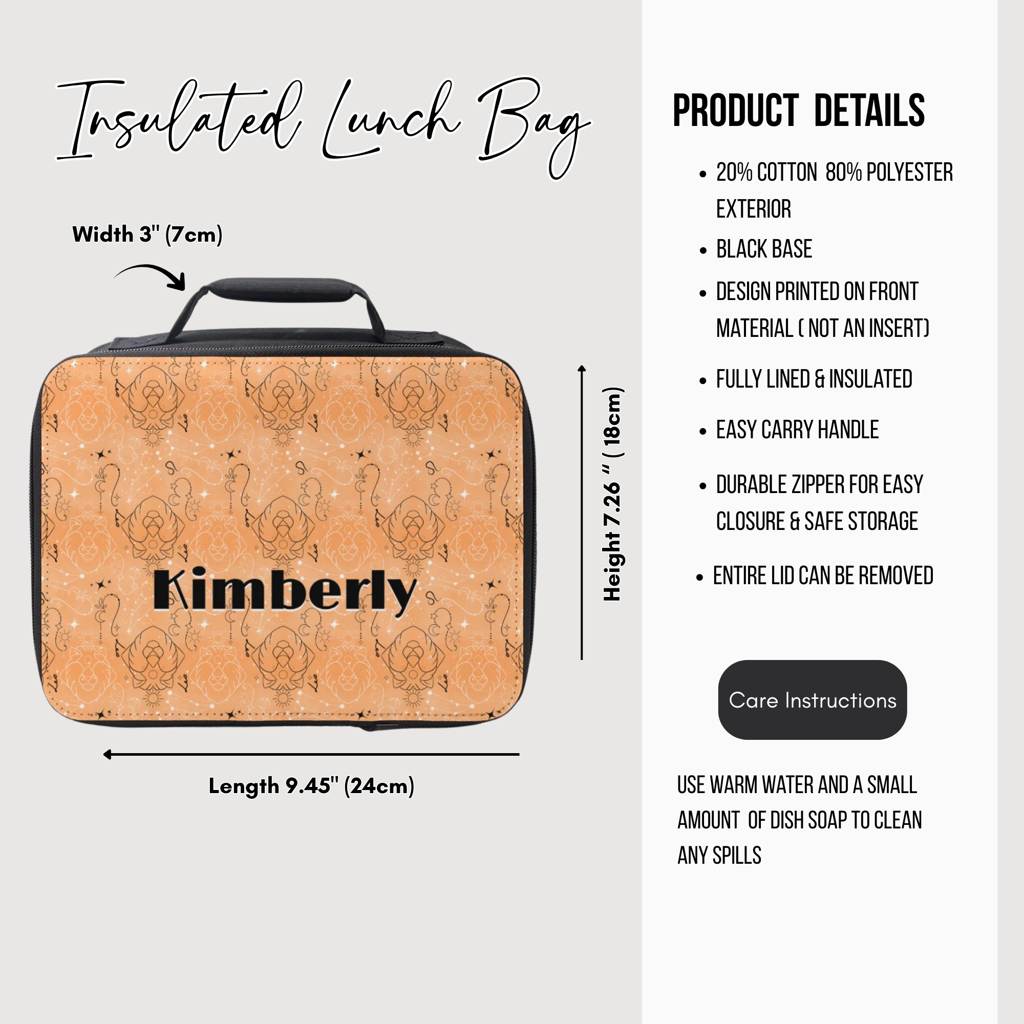 Insulated lunch bag with Leo zodiac design and custom text, including dimensions and product details.