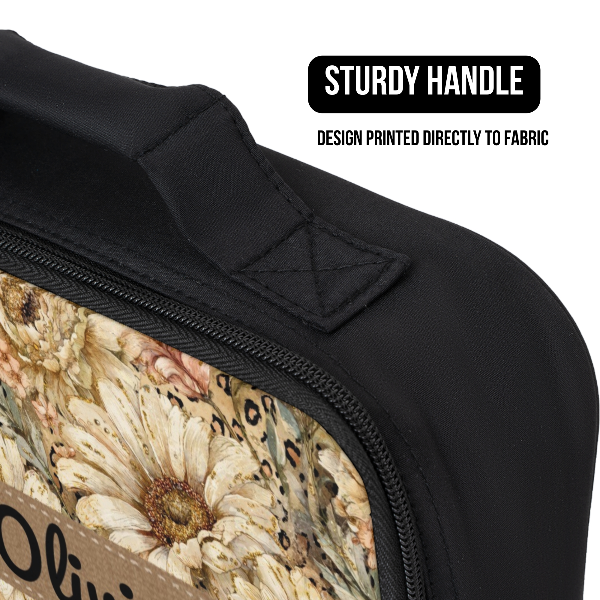 Floral-patterned lunch bag with a sturdy handle and text overlay on a white background