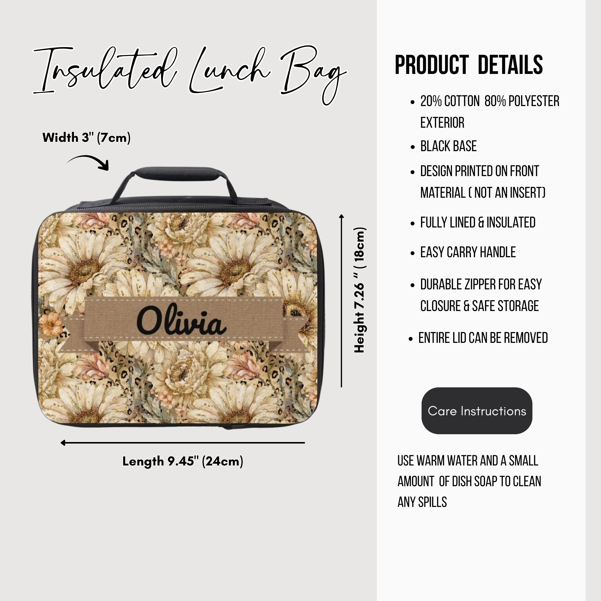 Insulated lunch bag with floral design and 'Olivia' personalized text, featuring product details on a white background.
