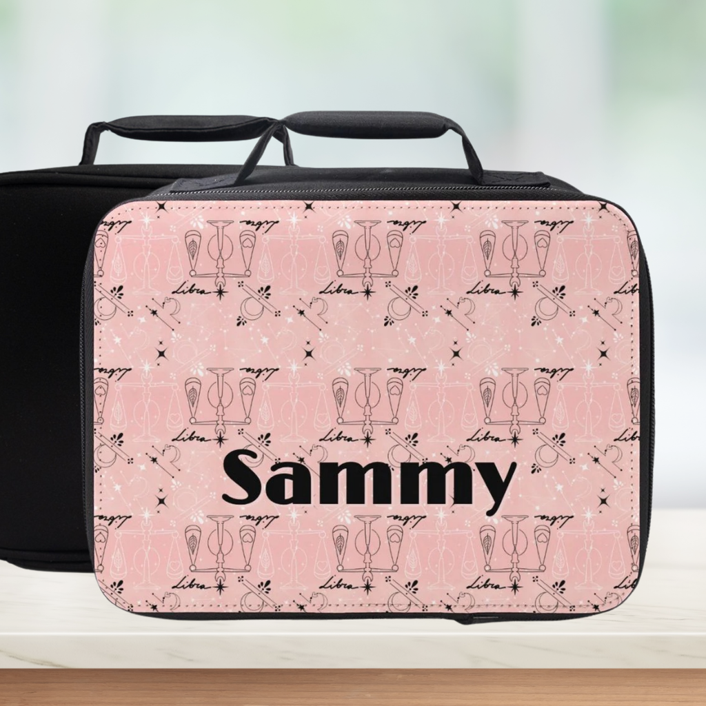 Pink and black Libra zodiac patterned lunch bag with 'Sammy' custom text on a light background