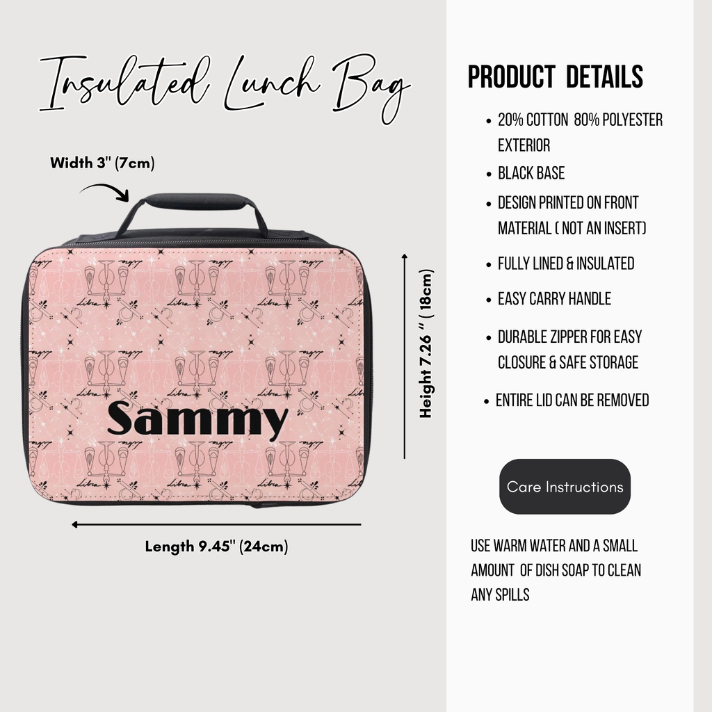 Insulated lunch bag with pink Libra zodiac  design and 'Sammy' custom text, featuring product details on a white background.