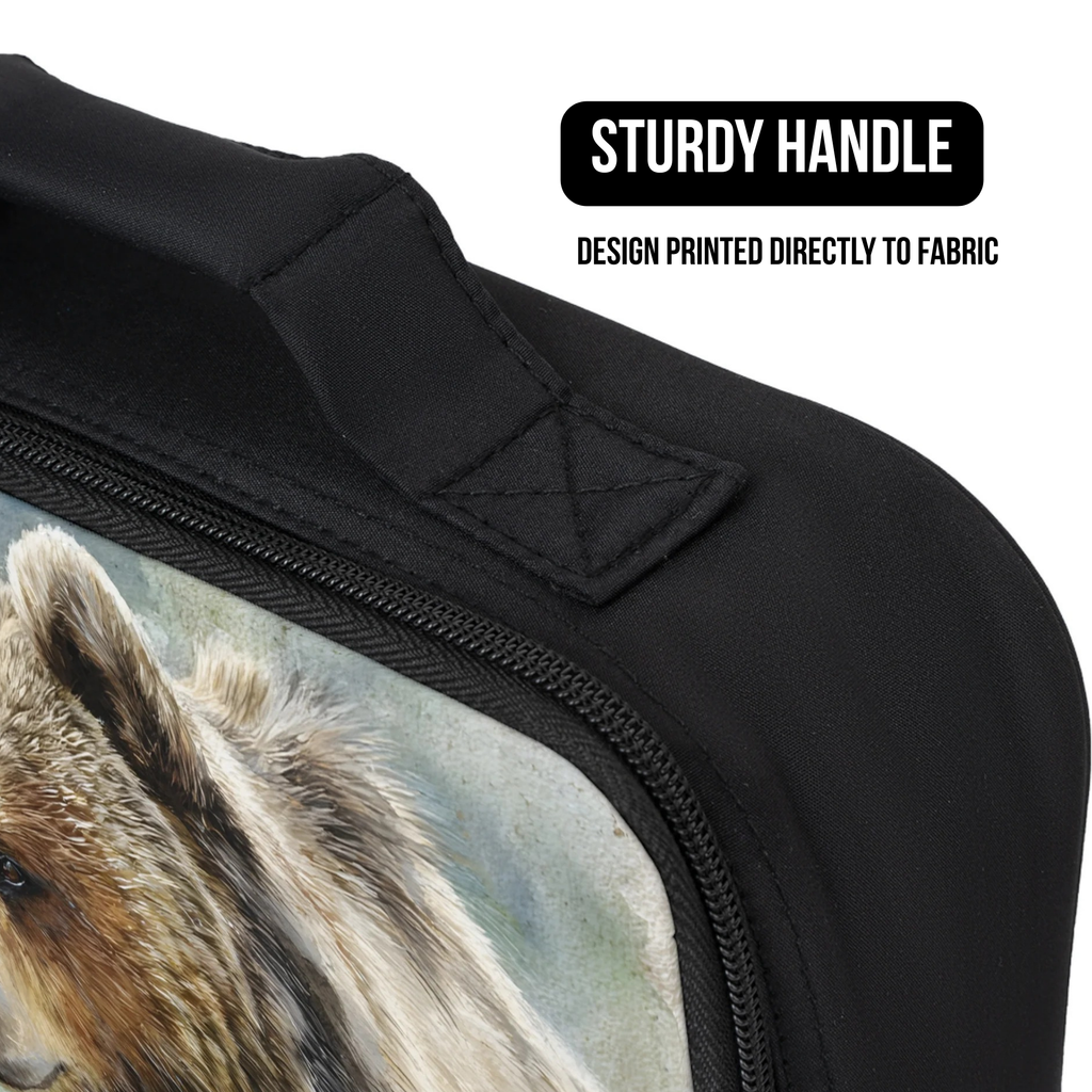 Black lunch bag with a printed design of a bear on a white background