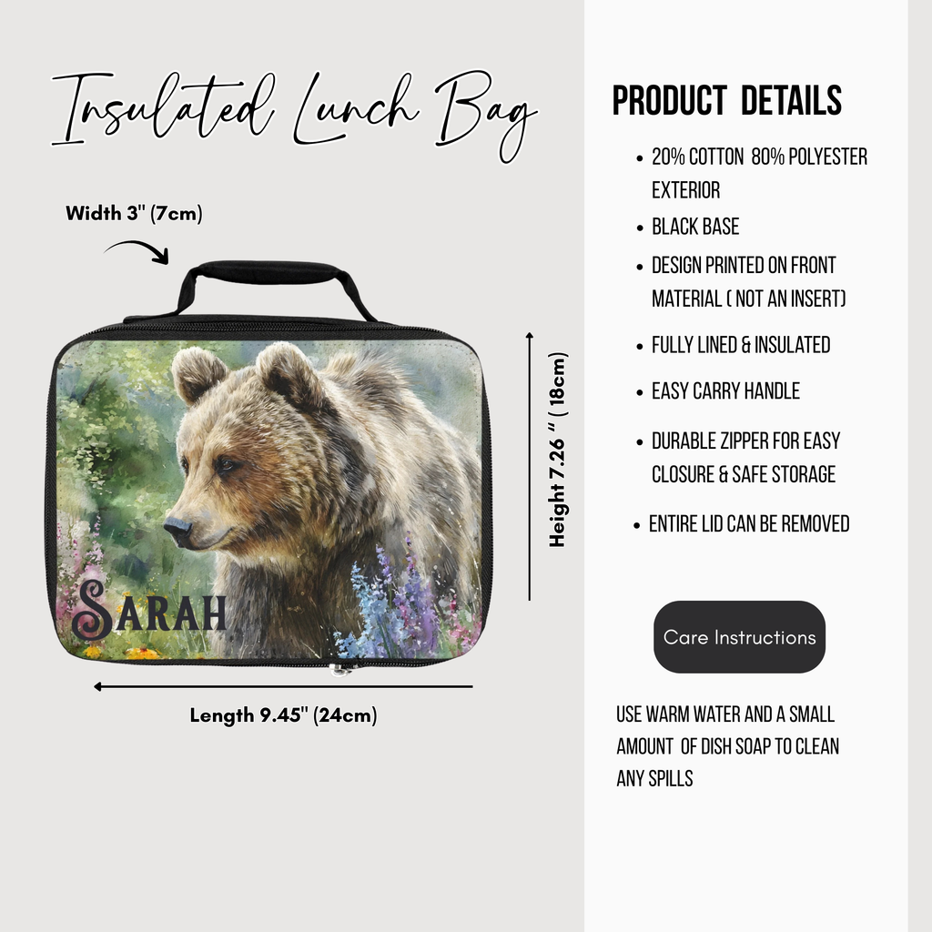 Insulated lunch bag with bear design and product details on a white background