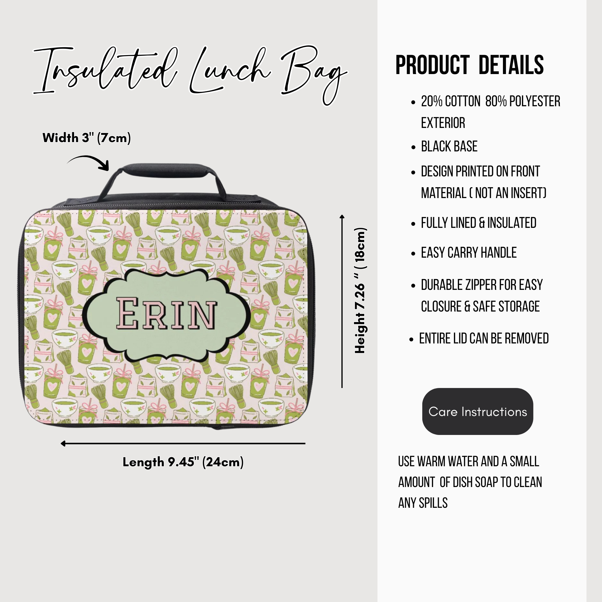 Insulated lunch bag with design and text, including dimensions and product details.
