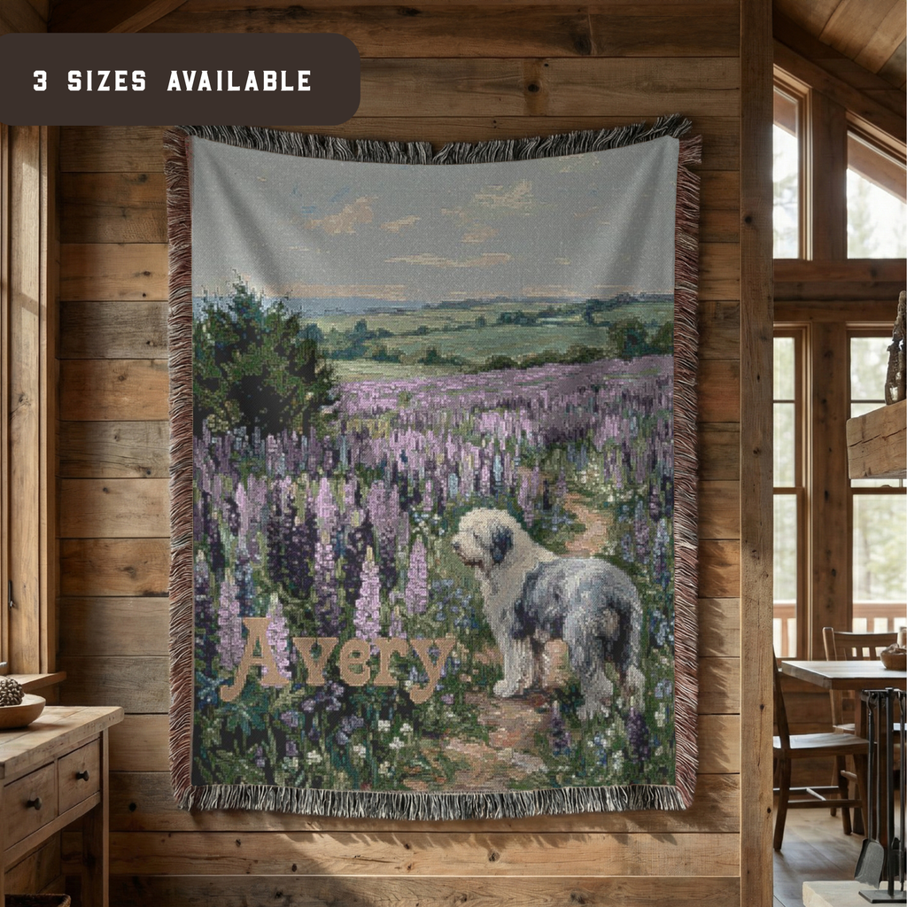 Personalized Old English Sheepdog In Wildflowers Woven Blanket | Dog Tapestry Throw