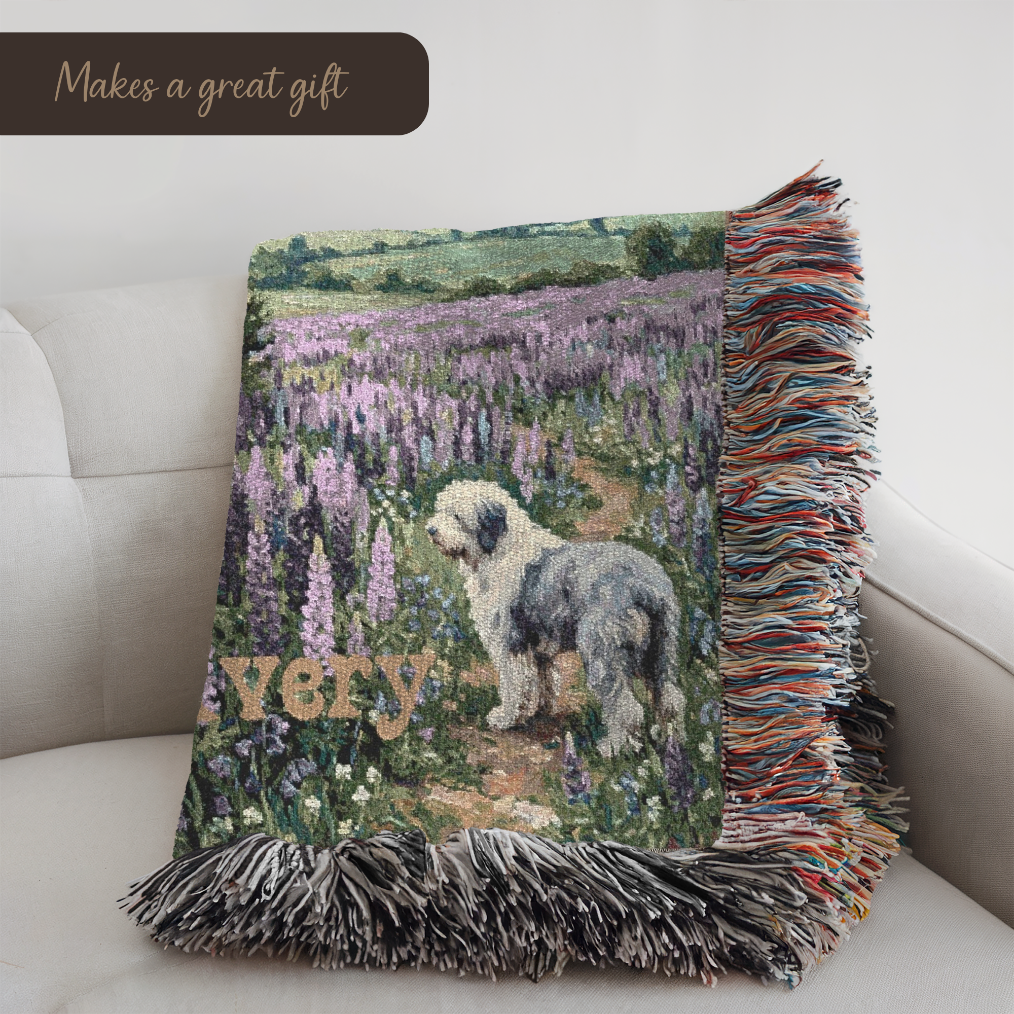 Personalized Old English Sheepdog In Wildflowers Woven Blanket | Dog Tapestry Throw