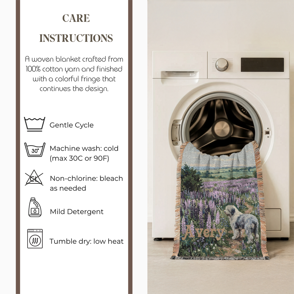 Personalized Old English Sheepdog In Wildflowers Woven Blanket | Dog Tapestry Throw