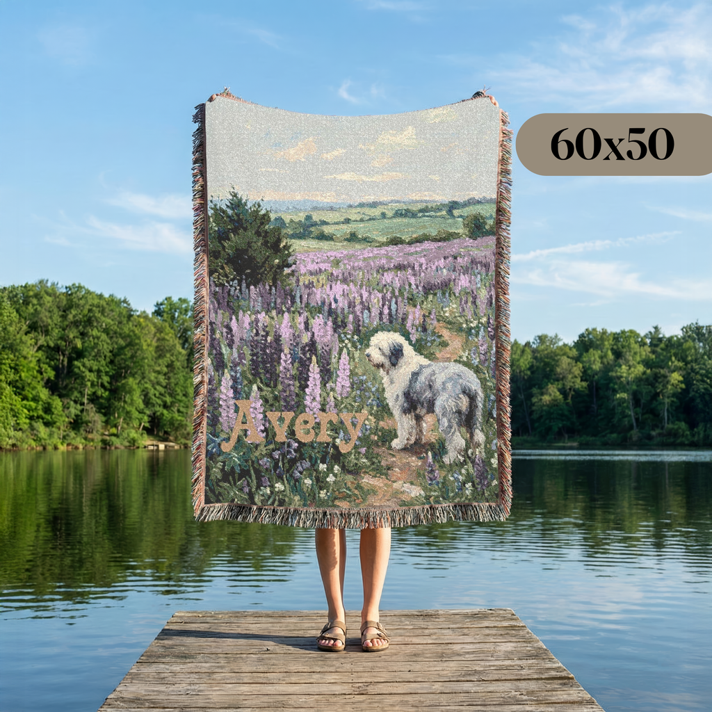 Personalized Old English Sheepdog In Wildflowers Woven Blanket | Dog Tapestry Throw