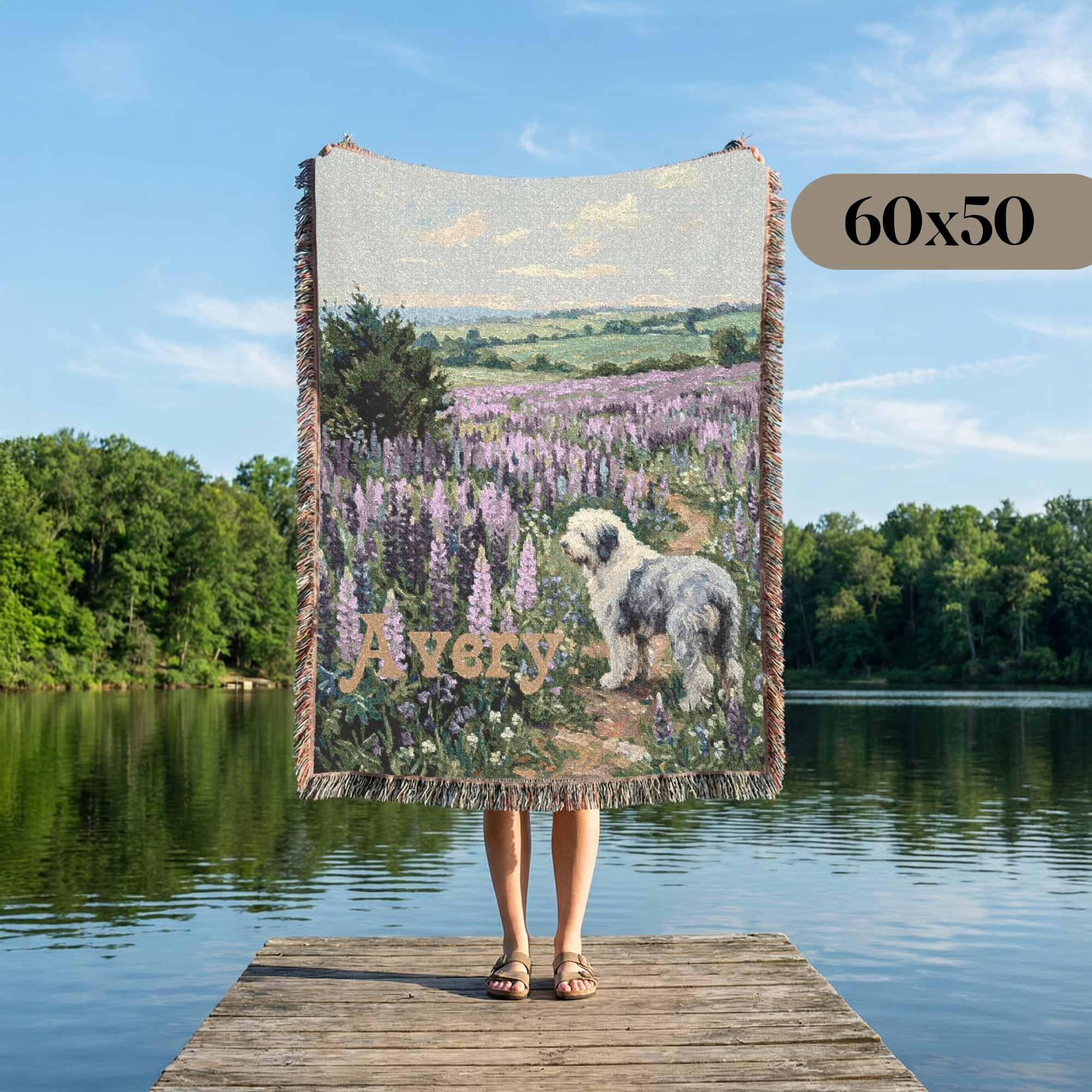 Personalized Old English Sheepdog In Wildflowers Woven Blanket | Dog Tapestry Throw