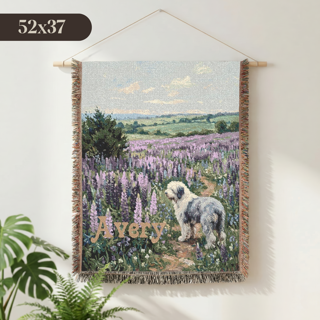 Personalized Old English Sheepdog In Wildflowers Woven Blanket | Dog Tapestry Throw