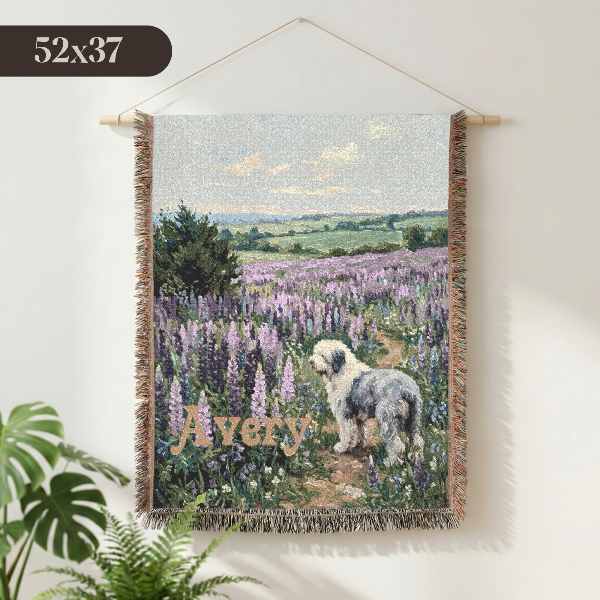 Personalized Old English Sheepdog In Wildflowers Woven Blanket | Dog Tapestry Throw