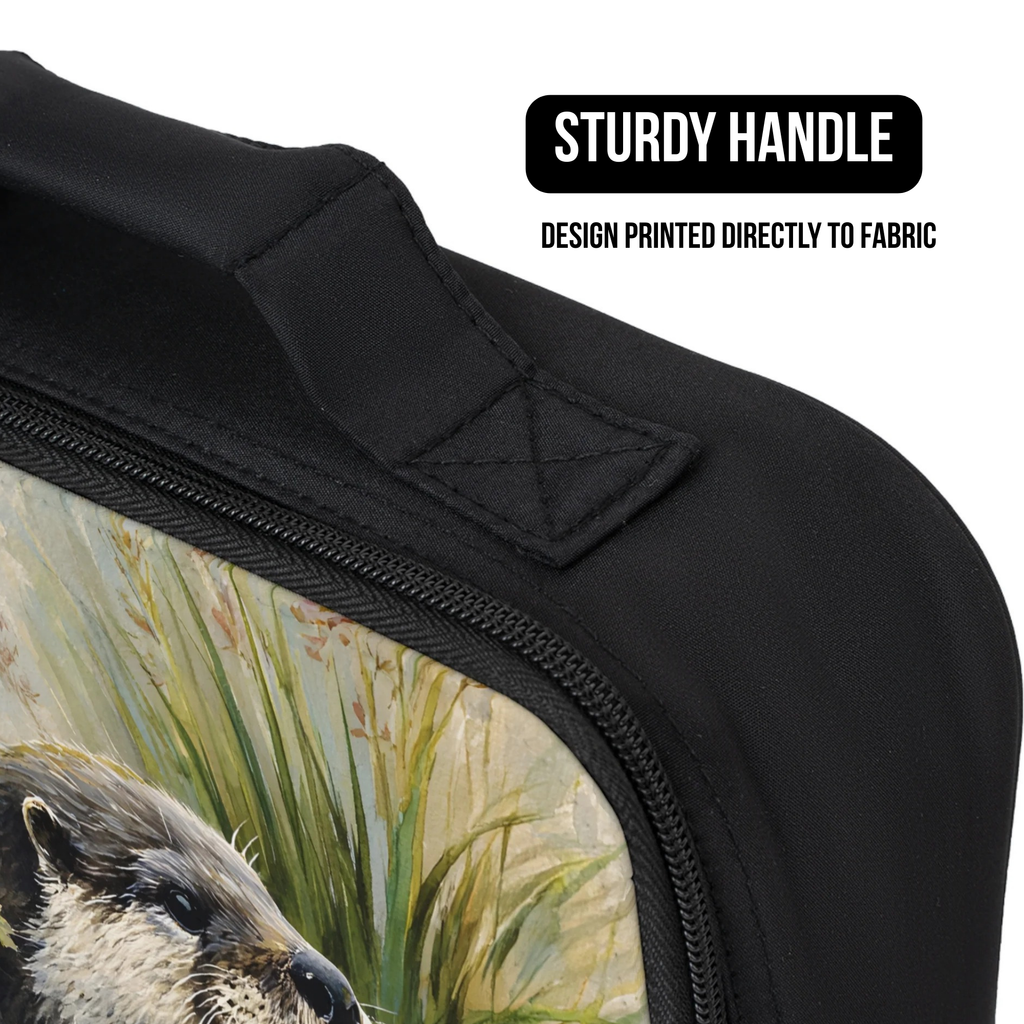 Black lunch bag with a design of a otter and grass, featuring a sturdy handle.