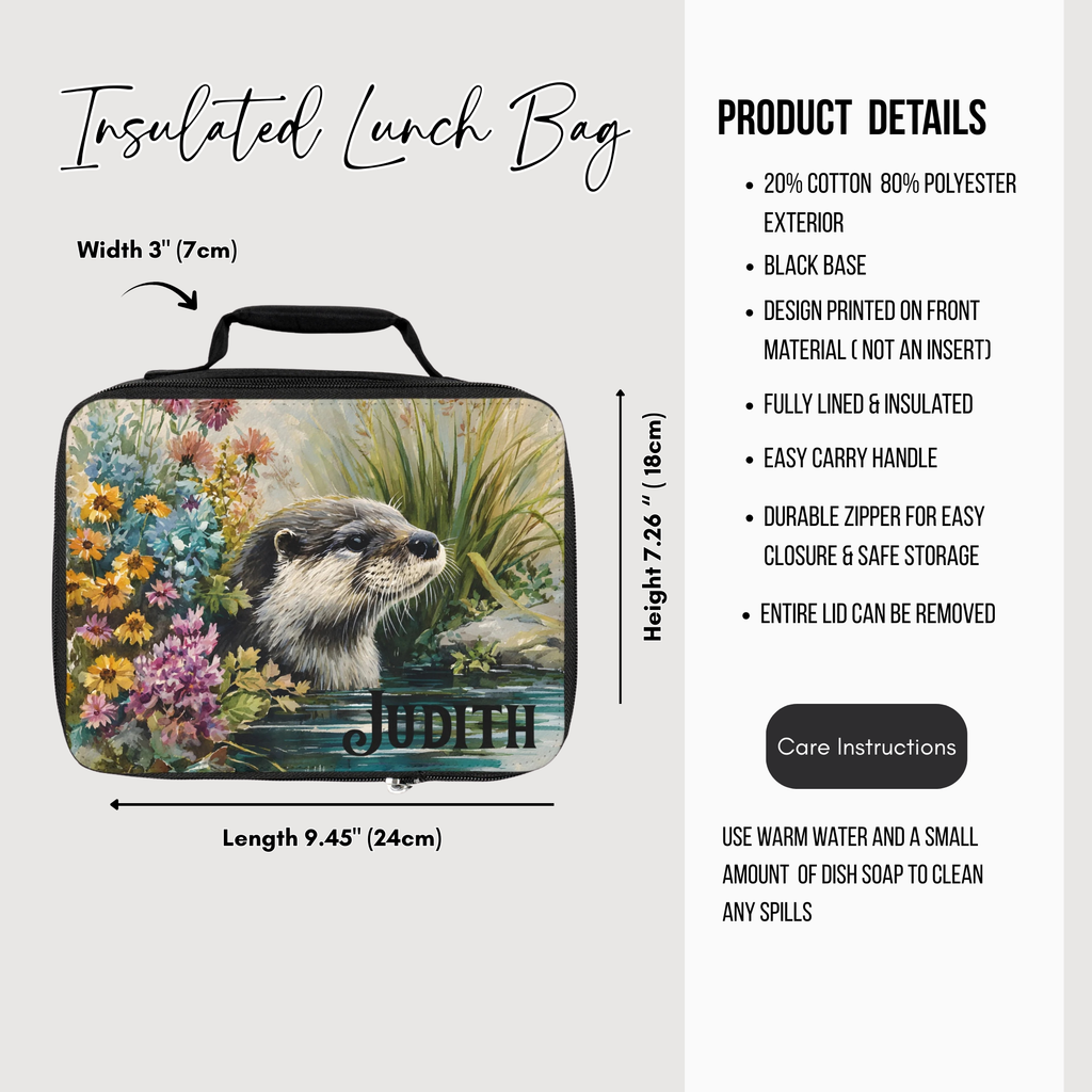 Insulated lunch bag with otter design and product details on a white background