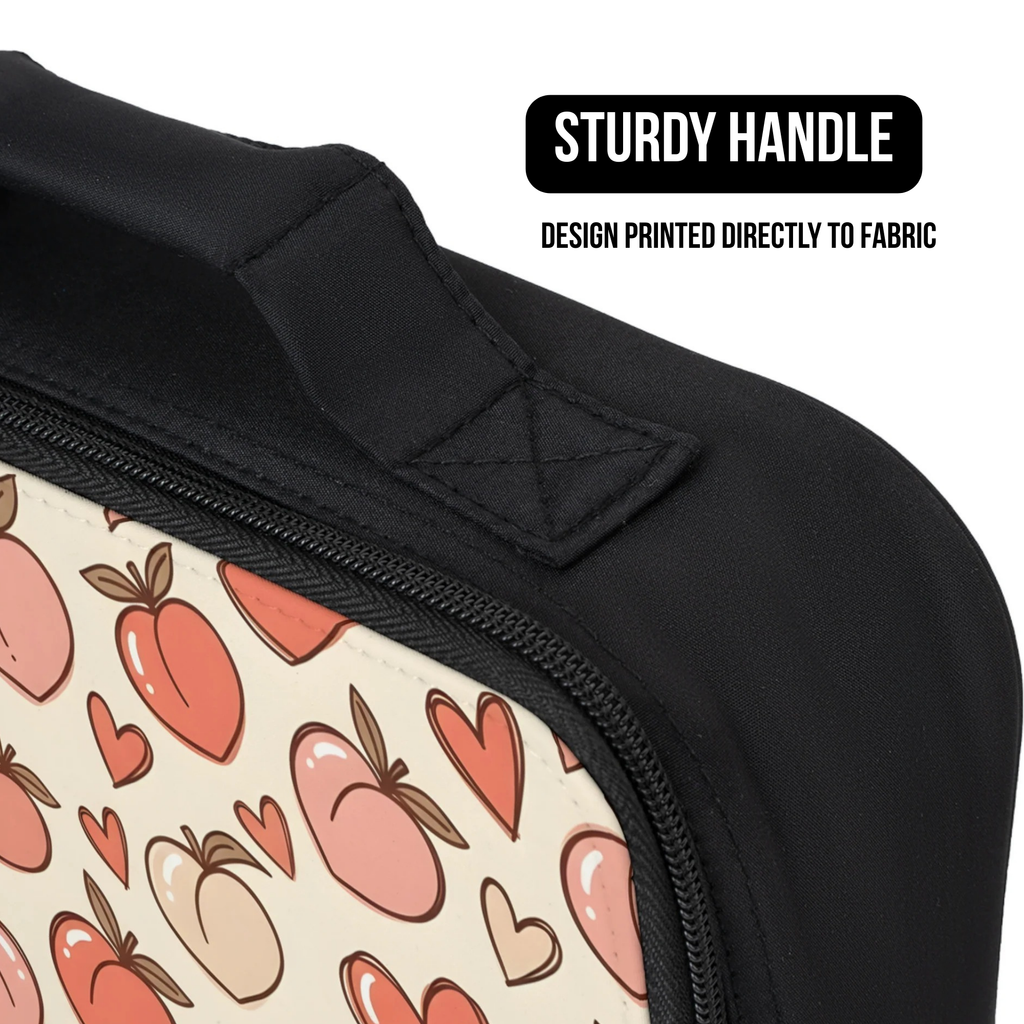 Black lunch bag with a pattern of hearts and fruits on a beige background, featuring a sturdy handle.