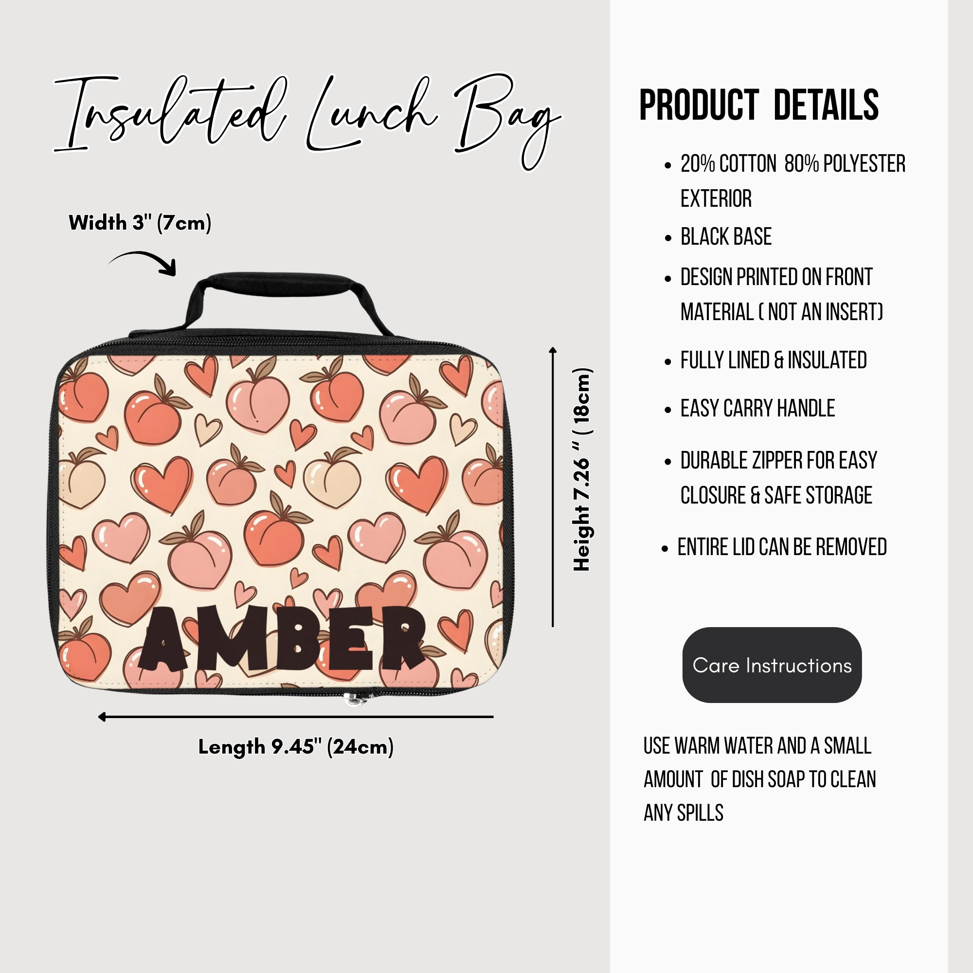 Insulated lunch bag with peach and heart pattern and 'AMBER' custom text, featuring product details on a white background.